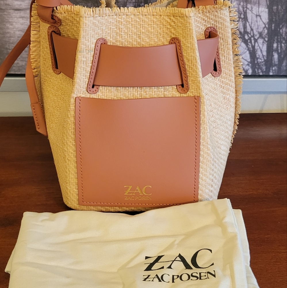 Zac Posen Brigette Belted Raffia Leather Bucket Bag - Picture 5 of 12